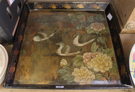 Oriental painted black laquer tray